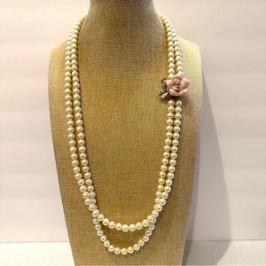 Gorgeous double strand faux pearl necklace w/ pink ceramic flower clasp/ pendant